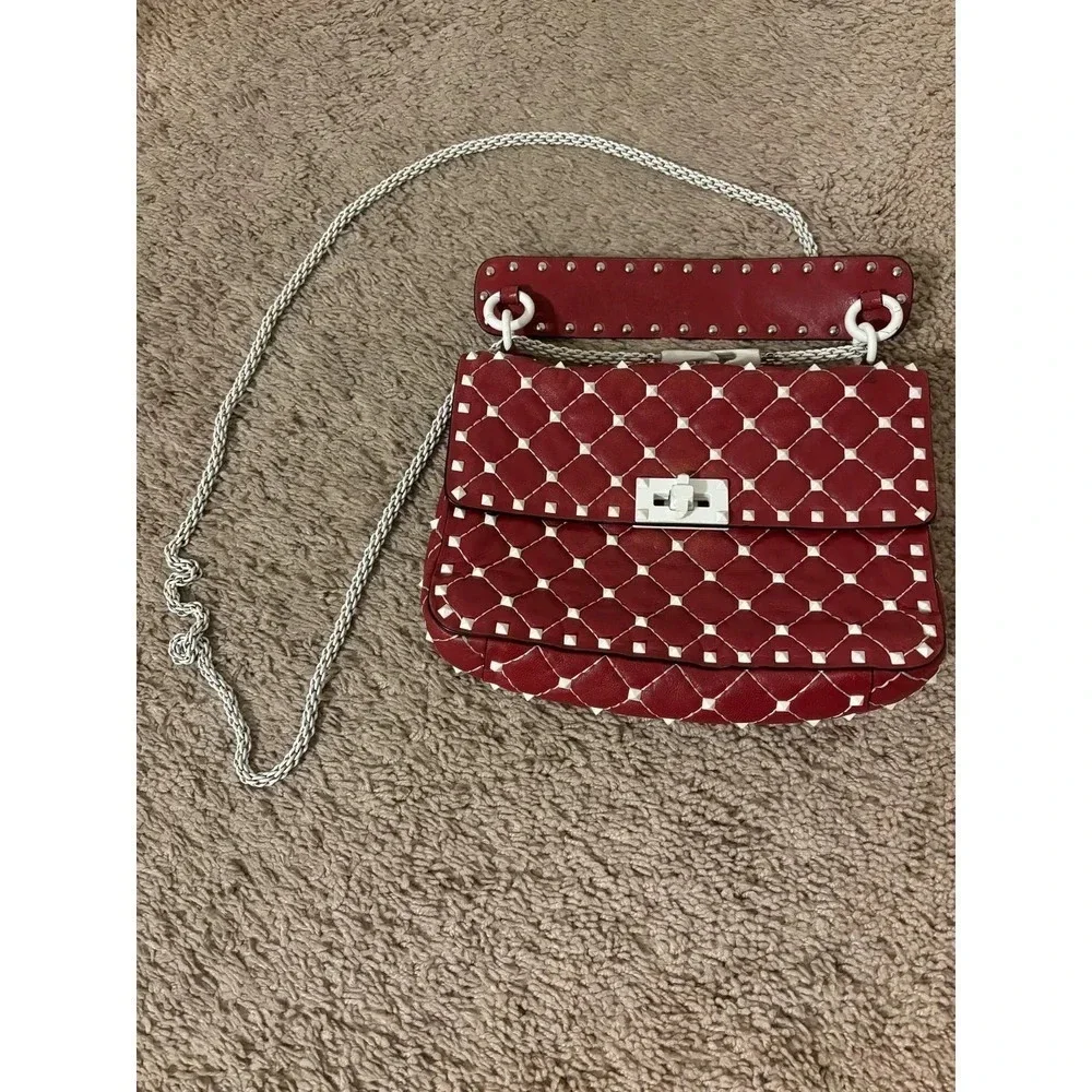 Valentino Rockstud Spike Red White Quilted Handle Shoulder chain Bag.